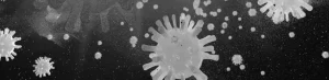 Black and white representation of coronavirus particles in the air, symbolizing the spread and aerosols during the pandemic.