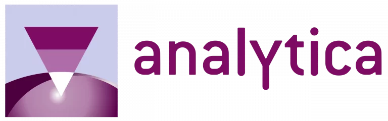 Logo mit lila Schrift und geometrischem Symbol aus einem umgekehrten Dreieck über einer kugelförmigen Oberfläche.