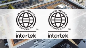 Intertek certification in accordance with DIN EN ISO 50001:2018 and 14001:2015 for energy and environmental management.