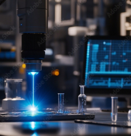 Laseranalyse im Labor: Ein blauer Laserstrahl trifft auf eine Probe, während Messdaten auf einem Monitor im Hintergrund sichtbar sind.